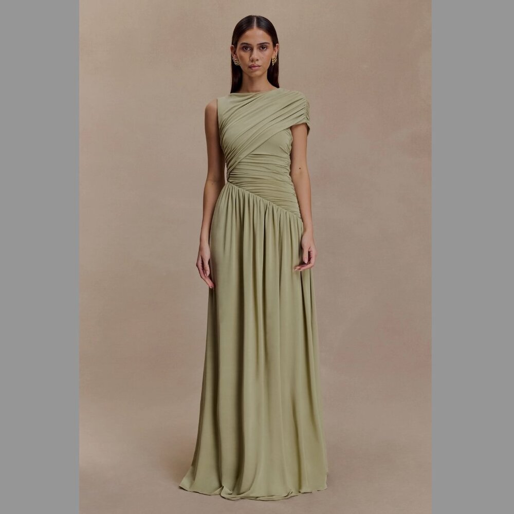 Meshki Ayeshya Slinky Asymmetric Maxi Dress - Sage Green XS